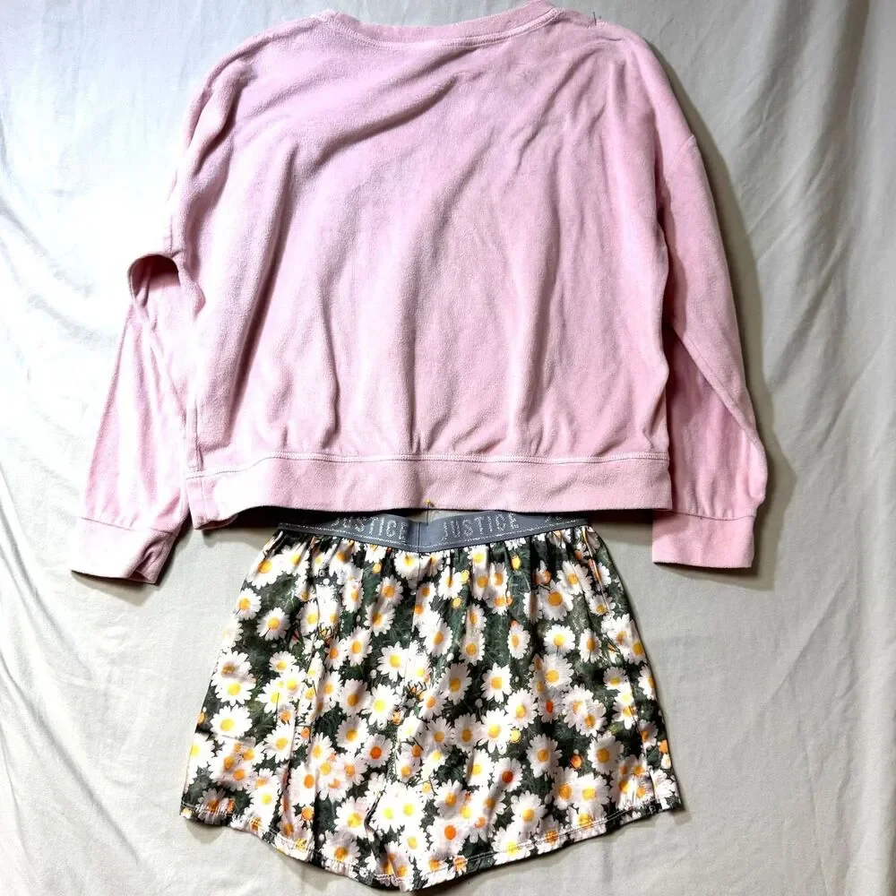 Justice Daisy Heart Pajama Set Pink Girl's Large 12-14 Soft Cozy Satin Fleece